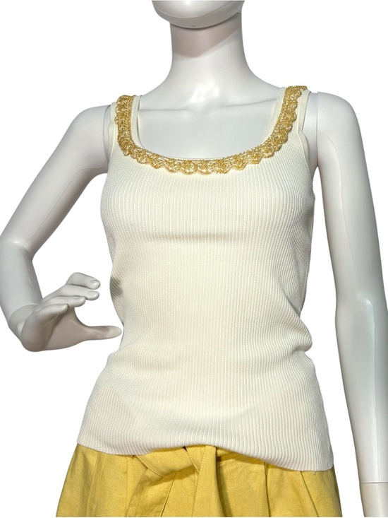Cache Tops - Cache Y2K Retro Small Ivory
Cream Micro Ribbed Gold Beaded Scoop Neck Top Size S
